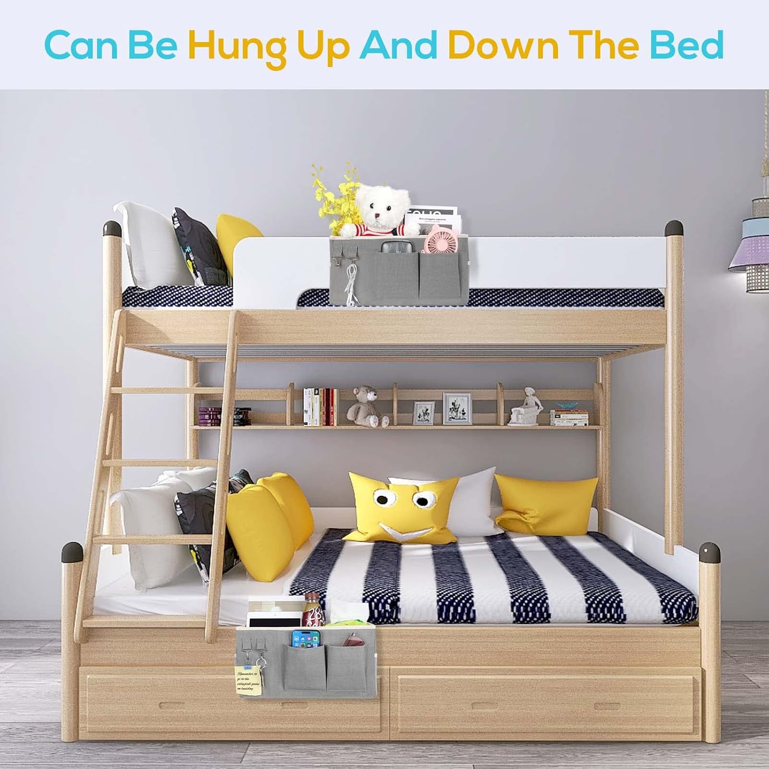 2pcs Bedside Caddy Hanging Storage Bag, Water Cup Holders, Organizer Baskets with Pockets for Bunk Bed Shelf, Hospital Beds, Loft & Dorm Rooms Accessories (Bedside bag-Grey)