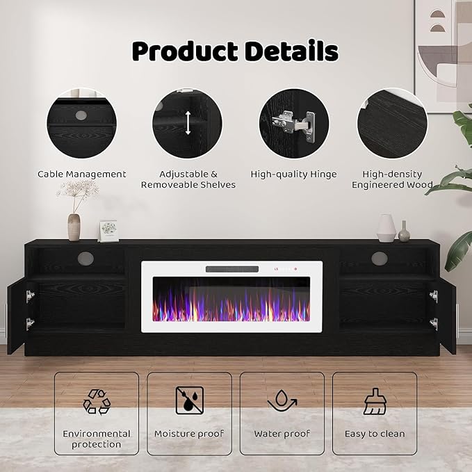 Lemberi Fireplace tv Stand with 36 inch White Fireplace Up to 90" TVs, LED Light Entertainment Center and Storage, 80" Modern Wood Media TV Console with Highlight Cabinet for Living Room (Black)