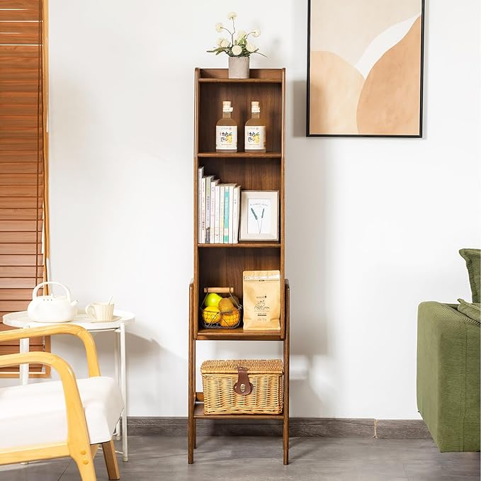 Welnow Bamboo Bookcase with Cabinet, Natural End Table with 3-Tier Storage Shelf, Modern Bedside Organizer Side Table for Bedroom or Living Room, Walnut Bookshelf with Open Space