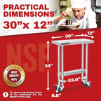 DuraSteel 30x12 NSF Stainless Steel Cart Work Table - Heavy Duty Rolling Food Prep Table - Metal Utility Cart on Wheels Caster, Grill Stand Microwave Outdoor Kitchen Tables Countertop Island Top Vevor