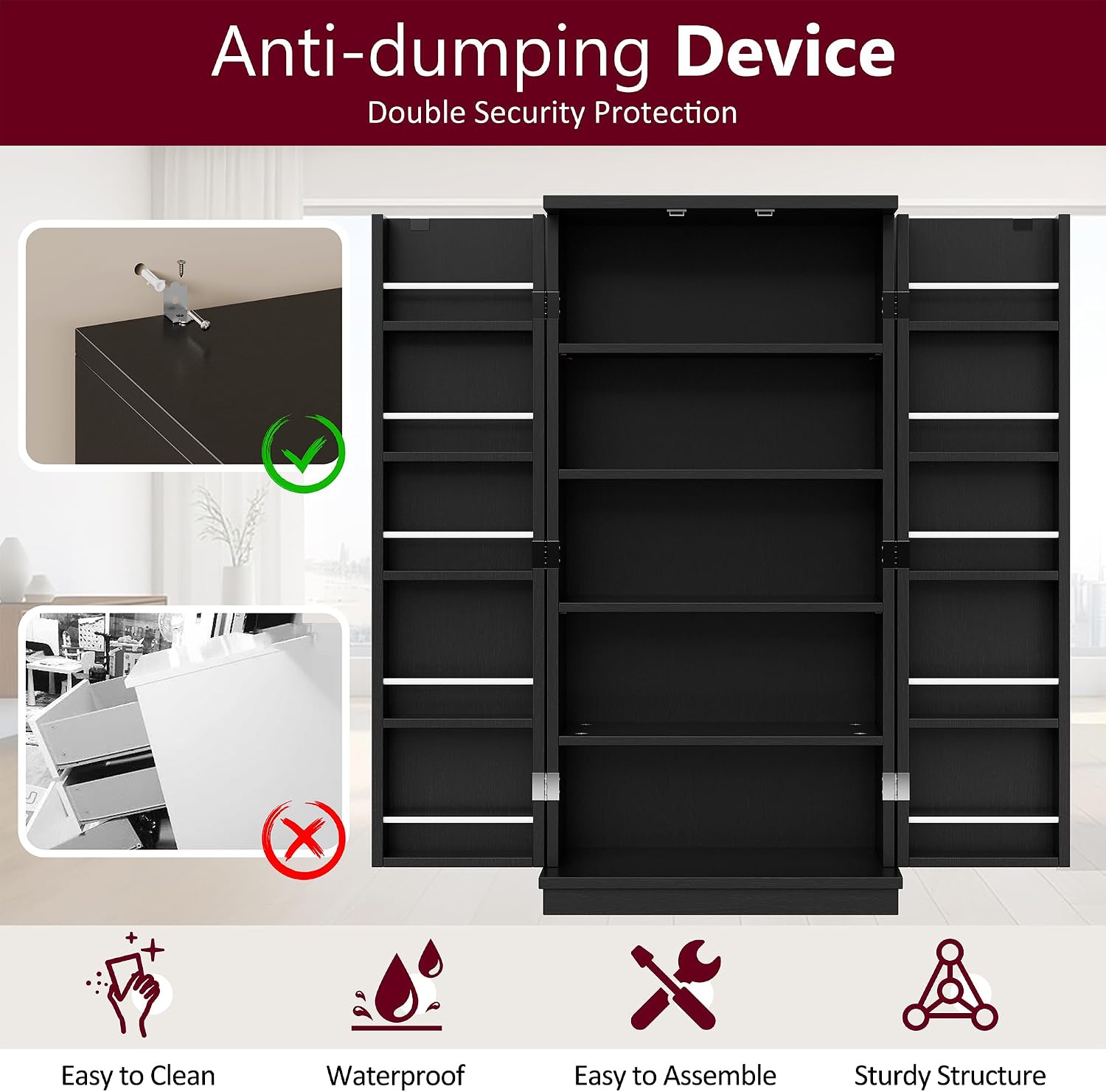 Kitchen Pantry Cabinet Food Storage Cabinets with Door and Adjustable Shelves Freestanding Pantry Cabinet with Anti-Tip Kit for Small Space for Kitchen Dining Room Black