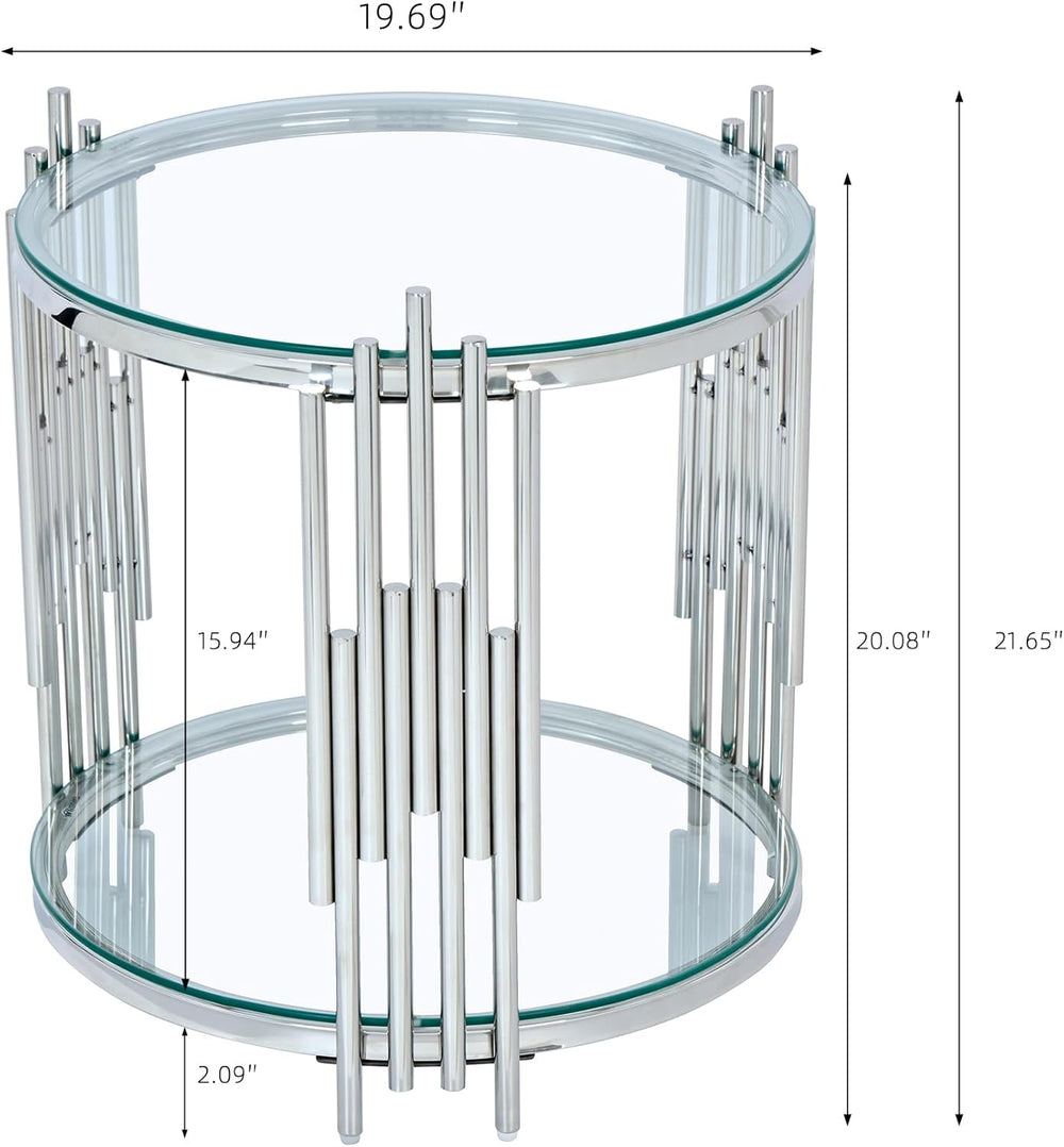 19.69” Round Glass End Table, 2-Tier Side Table with Clear Tempered Glass Top...