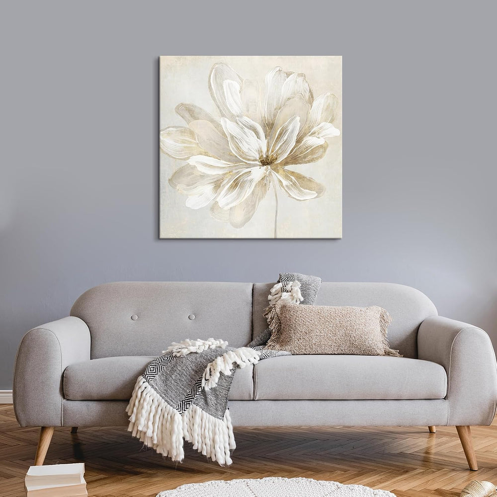 SEVEN WALL ARTS White Flower Wall Art Beige and Gold Blooming Flower Abstract...