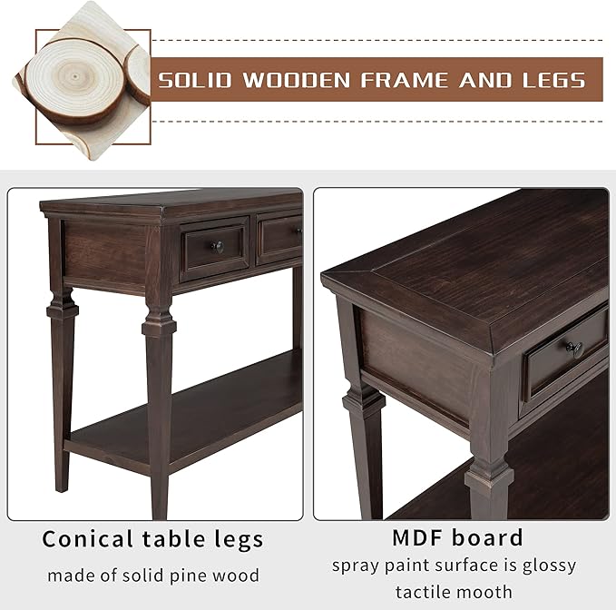 Merax Wood Farmhouse Entry Way Hallway Console Table with Drawers and Bottom Shelf Narrow Long Sideboard for Living Room Bedroom Espresso