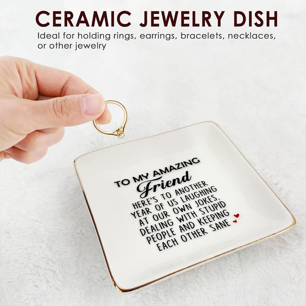 Funny Gift for Besties - Friendship Jewelry Dish for Women BFFs on Birthday Christmas, 4" Ceramic Ring Trinket Tray Here's Another Year - Unique Gift for Sisters Coworkers Classmates