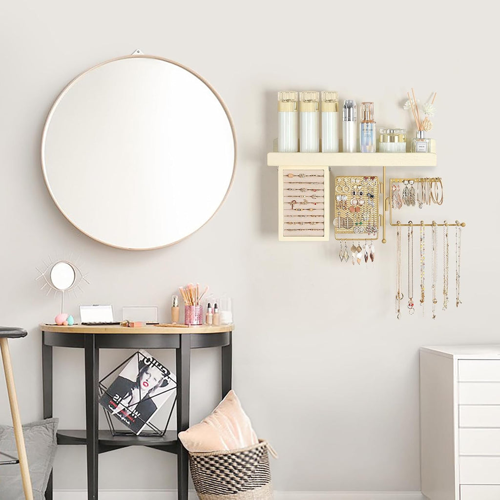 Hanging Jewelry Organizer Wall Mounted with Necklace Earring Ring Holder | Wall Jewelry Holder with Rustic Wood Shelf, Rotating Necklace Storage Organizer, Versatile Earring Holder, Ring Display Box