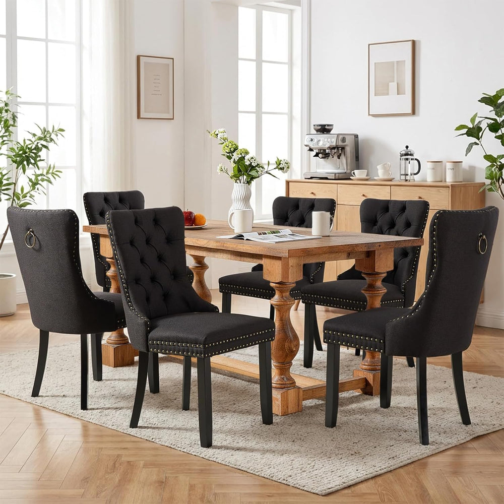 SoarFlash Linen Fabric Dining Chair Set of 6, Upholstered Tufted Dining Room ...