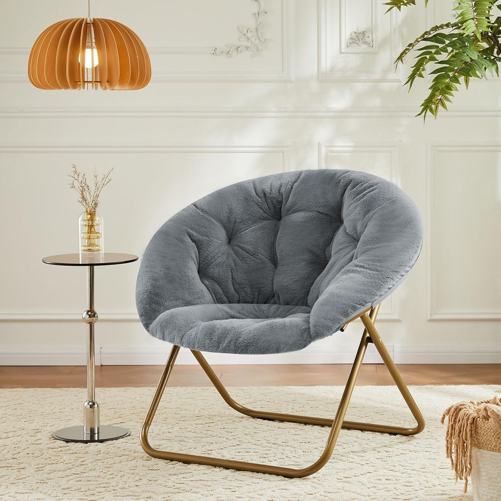 YSSOA Saucer Chair, Comfy Faux Fur Chair for Bedroom, Saucer Chairs for Adults, Teens, Round Shaped Moon Chair with Foldable Metal Frame, Grey