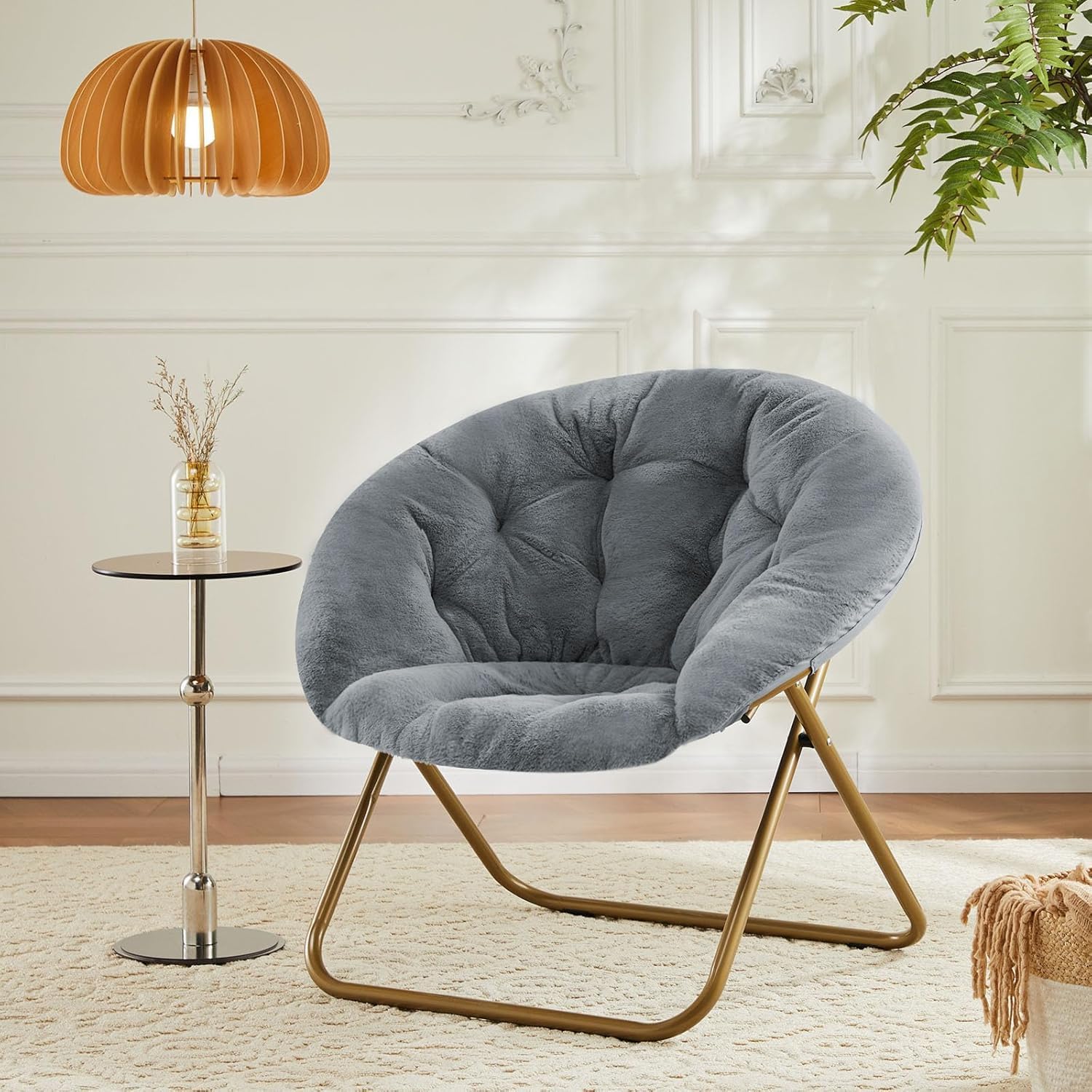 YSSOA Saucer Chair, Comfy Faux Fur Chair for Bedroom, Saucer Chairs for Adults, Teens, Round Shaped Moon Chair with Foldable Metal Frame, Grey