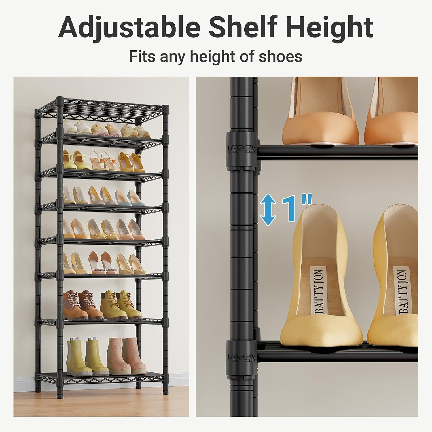 VIPEK S1 8Tier Shoe Rack, Metal Durable Heavy Duty Shoe Organizer, Black | Large Capacity Up to 24 Pairs, Adjustable & Detachable Shoe Shelves for Entryway/Bedroom/Closet, Holds Up to 544 lbs