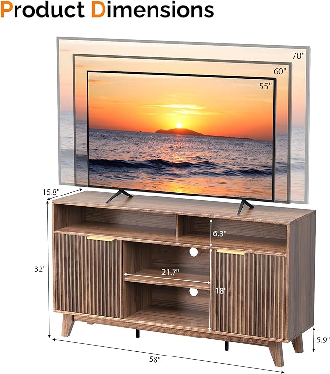 VINGLI Boho Fluted TV Stand for 70" TV, Solid Wood Entertainment Center with Storage and Shelves, Tall Media Console with Cable Management, TV Cabinet for Living Room and Bedroom, Walnut