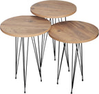 Set of 3 Pine Wood Nesting End Tables Round Wood Stacking Coffee Side Accent Table with Metal Legs for Living Room, Home Office, Nightstands for Bedroom
