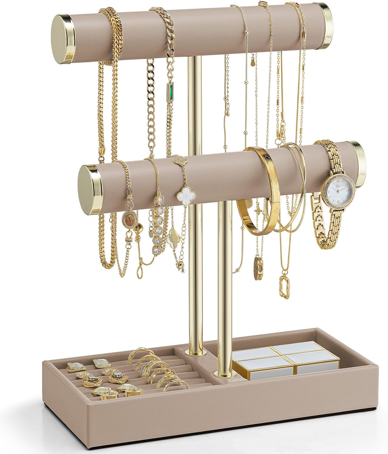 Vlando 2 Tier Bracelet Holder with Tray - Leather Jewelry Stand Organizer for Women - Valentines Day Gift Her- Jewelry Holder Display for Necklace, Watches, Rings, Earrings, Bangle, Scrunchie - Toffee