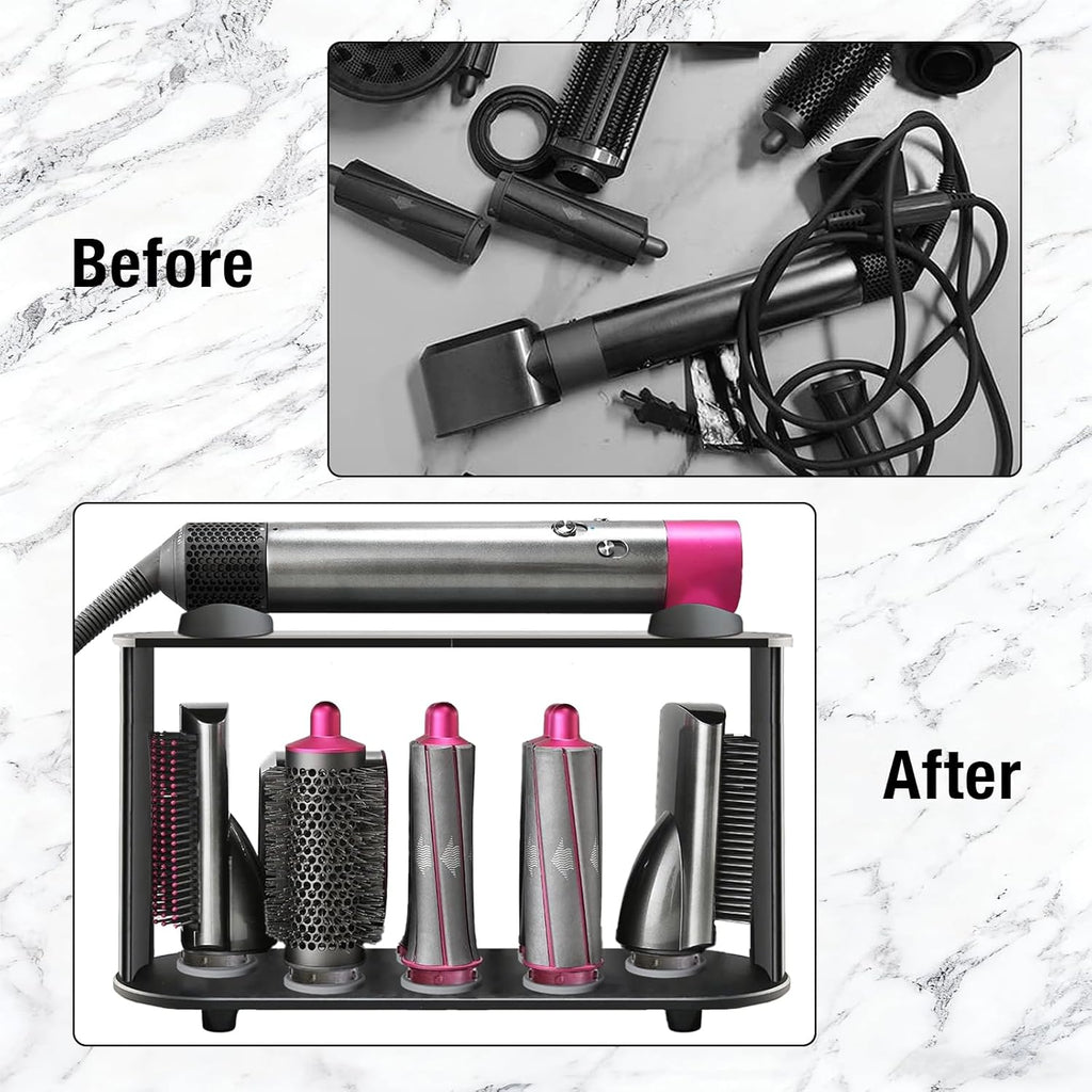 Holder for Dyson Airwrap 6" Barrel Only | Sturdy Metal Storage Rack with Protective Silicone Pad | Countertop Organizer for Attachments & Curling Iron with Self-Adhesive Hook, Black