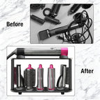 Holder for Dyson Airwrap 6" Barrel Only | Sturdy Metal Storage Rack with Protective Silicone Pad | Countertop Organizer for Attachments & Curling Iron with Self-Adhesive Hook, Black