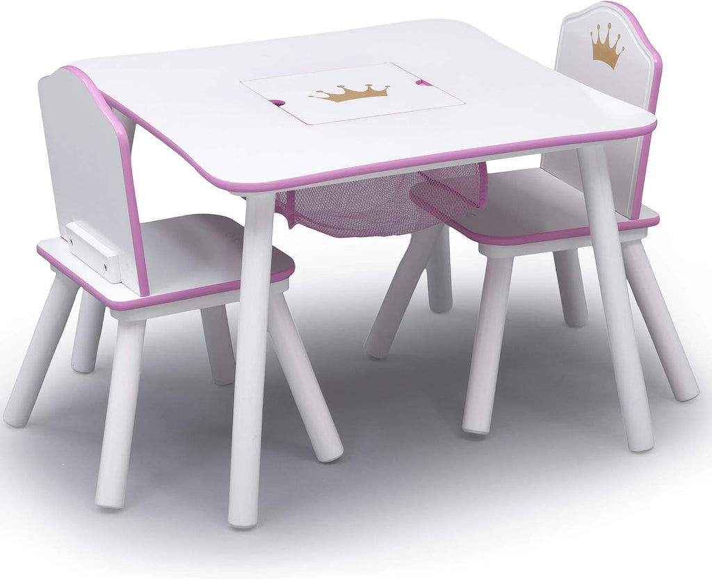 Delta Children Princess Crown Kids Wood Table and Chair Set with Storage - Greenguard Gold Certified, White/Pink