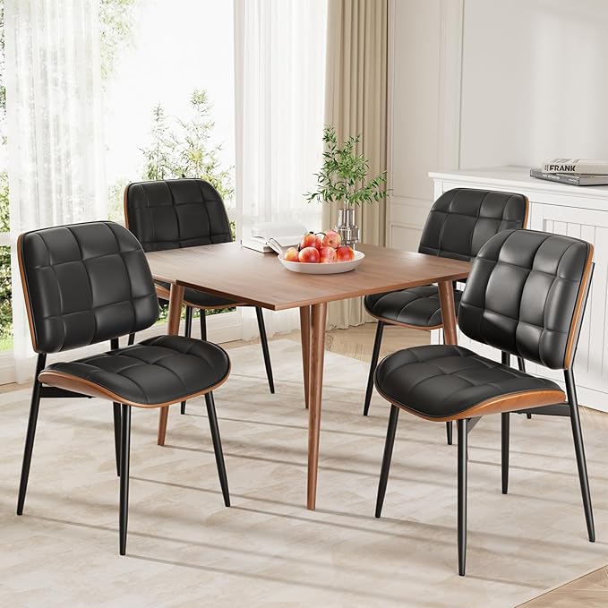 Dining Chair, Black Mid Century Modern Dining Room Chair, Upholstered Faux Leather Kitchen Chairs with Thick Cushion and Walnut Bentwood Back for Kitchen Dining Room, Black