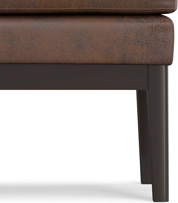 SIMPLIHOME Carlson 27-inch Wide Vegan Faux Leather Small Ottoman Bench in Distressed Chestnut Brown with Solid Wood Frame for Living Room, Entryway, or Bedroom