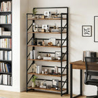 JSB Folding Bookshelf,Industrial Storage Shelves, No Assembly Vintage Wood Look Bookshelf with Storage Shelves for Living Room, Bedroom, Office (Fire Brown, Wide 6-Tier)