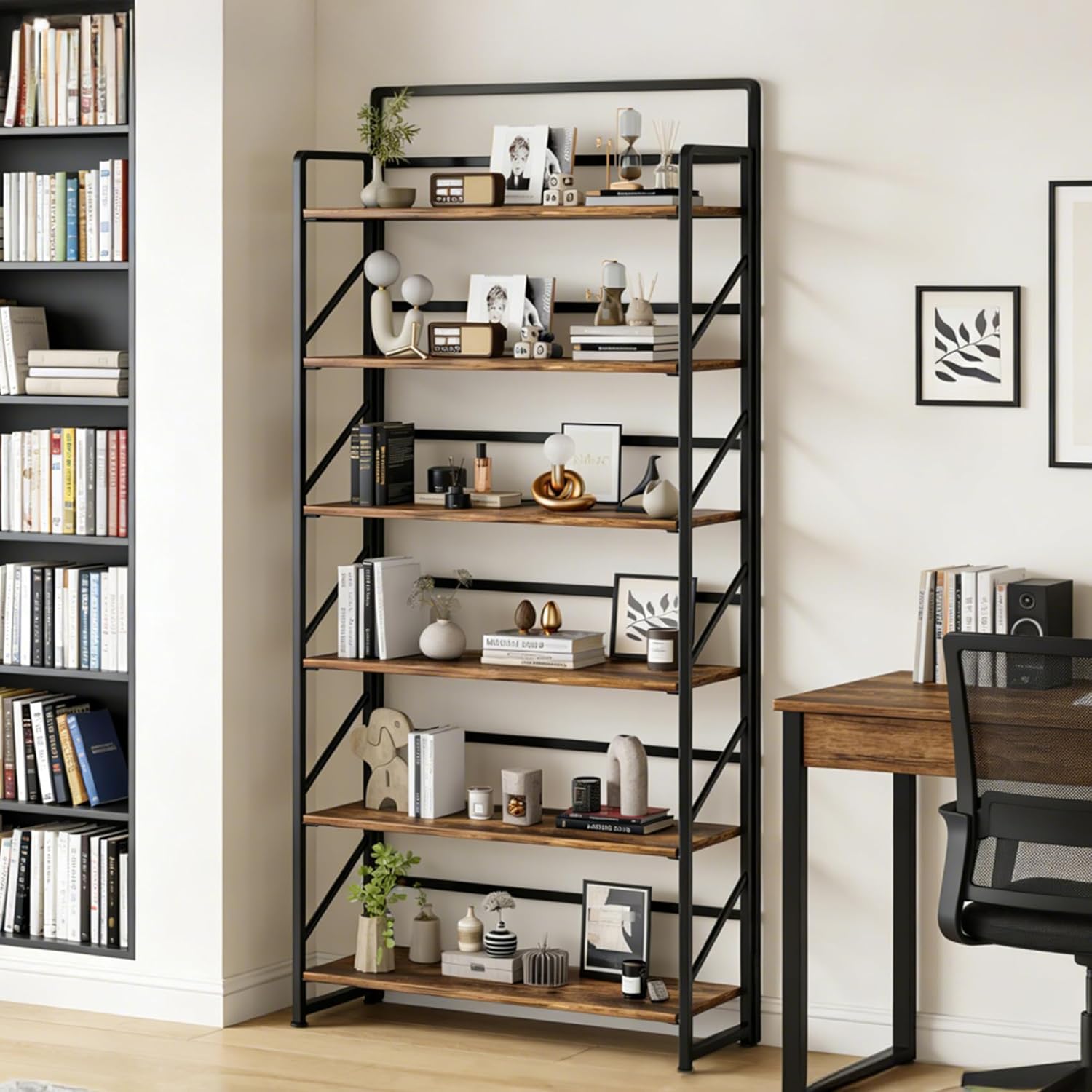 JSB Folding Bookshelf,Industrial Storage Shelves, No Assembly Vintage Wood Look Bookshelf with Storage Shelves for Living Room, Bedroom, Office (Fire Brown, Wide 6-Tier)