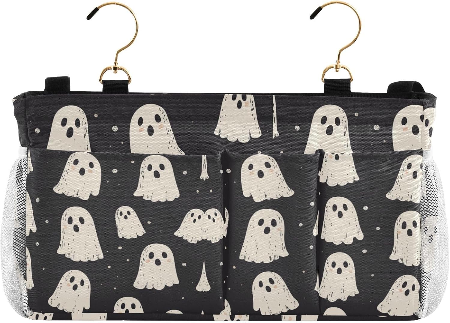 Cute Halloween Ghost Blacck Bedside Caddy for Dorm Bed Bedside Hanging Caddy Bag Iron Frame Storage Organizer Pocket for Bunk Home College Hospital Beds 2 Hooks
