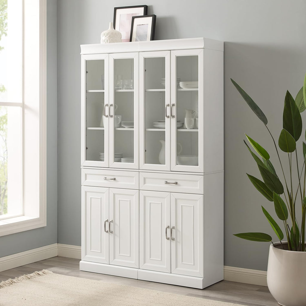 HomeStock Pantry Cabinet Set with Glass Doors - White Kitchen Storage - 2 Piece