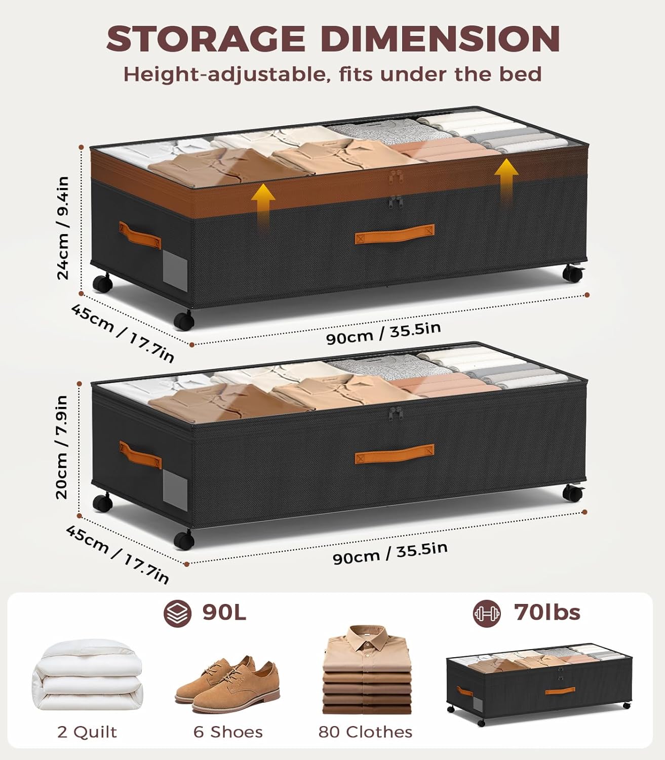 Under Bed Storage with Wheels, 35.5 inches Underbed Storage Large Capacity Under Bed Rolling Containers, 2 Pack Under the Bed Storage for Clothes, Shoes, Blankets (Deep Black)
