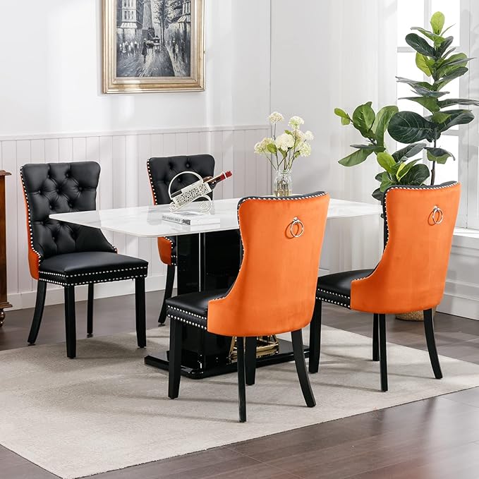 Modern Dining Chairs Set of 6, Tufted Upholstered Dining Chair with Solid Wood Legs, Velvet and Leather Dining Chairs, Sillas de Comedor, Comfy Kitchen Chair (Black+Orange, 6Pcs)