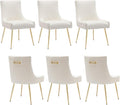 Velvet Dining Chairs Set of 6, Modern Upholstered Kitchen Chair with Pull Handle & Pleated Back, Mid Century Accent Chair with Gold Metal Legs for Vanity,Dining,Kitchen,Living Room, Beige