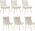 Velvet Dining Chairs Set of 6, Modern Upholstered Kitchen Chair with Pull Handle & Pleated Back, Mid Century Accent Chair with Gold Metal Legs for Vanity,Dining,Kitchen,Living Room, Beige