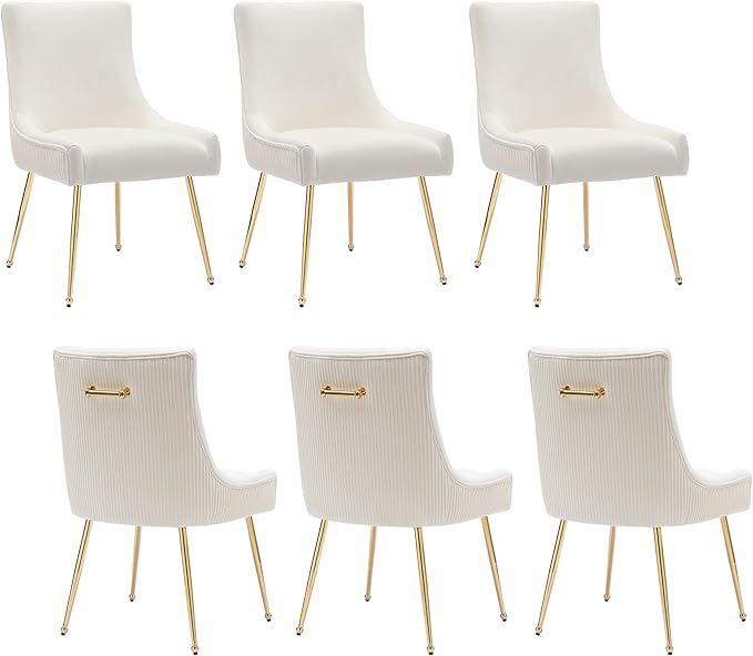 Velvet Dining Chairs Set of 6, Modern Upholstered Kitchen Chair with Pull Handle & Pleated Back, Mid Century Accent Chair with Gold Metal Legs for Vanity,Dining,Kitchen,Living Room, Beige