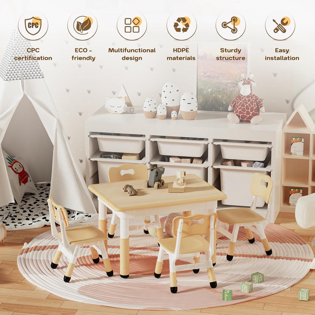 HLPB Kids Table and 4 Chairs Set, Adjustable Height Graffiti Toddler Table | Non-Slip Legs, Children Multi-Activity Table for Ages 2-8, Max 300lbs, Classroom/Daycare/Home, 31.5''L x 23.6''W