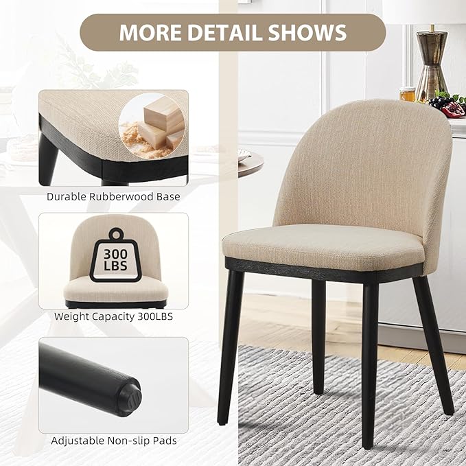 Garvee Wooden Dining Chairs Set of 4, Upholstered Kitchen Dining Room Chair, Modern Linen Fabric Farmhouse Dinner Chair with Leveling Feet/High Backrest Support for Dining Room, Living Room,Beige