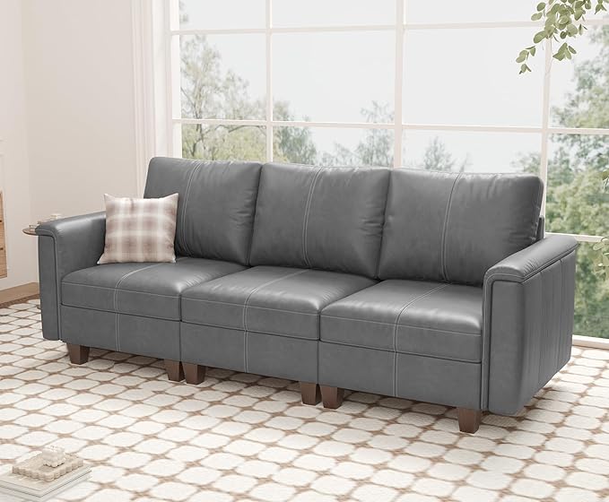 SITJOY 91" Faux Leather Modular Sectional Sofa with Storage, Mid Century Modern Sectional Couches for Living Room, Soft Padded Armrests, 3 Seater Couch, Gray