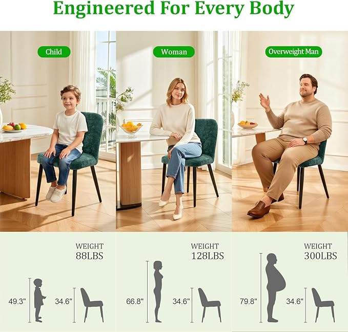 Upholstered Dining Chairs Set of 8 Modern Kitchen Chairs Chenille Fabric Dining Room Chairs High-Back Padded Dining Chairs with Metal Legs for Kitchen Dining Room Restaurant Cafe Hotel, Green
