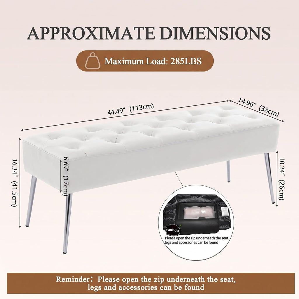 DUHOME Button-Tufted Ottoman Bench, Upholstered Footrest Stool Rectangular Dining Bench Leather Accent Bench for Entryway Dining Room Living Room Bedroom, White