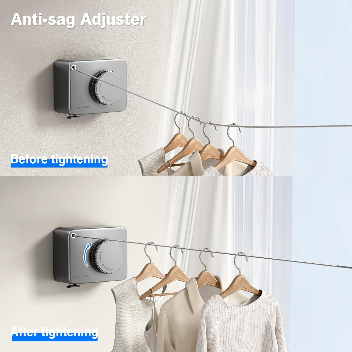 Retractable Clothesline Indoor, Non-Sagging Outdoor Clothes Line Retracting Heavy Duty Clothes Drying Laundry Line Wall Mounted Stainless Steel Line-13.8 Feets(Gray)