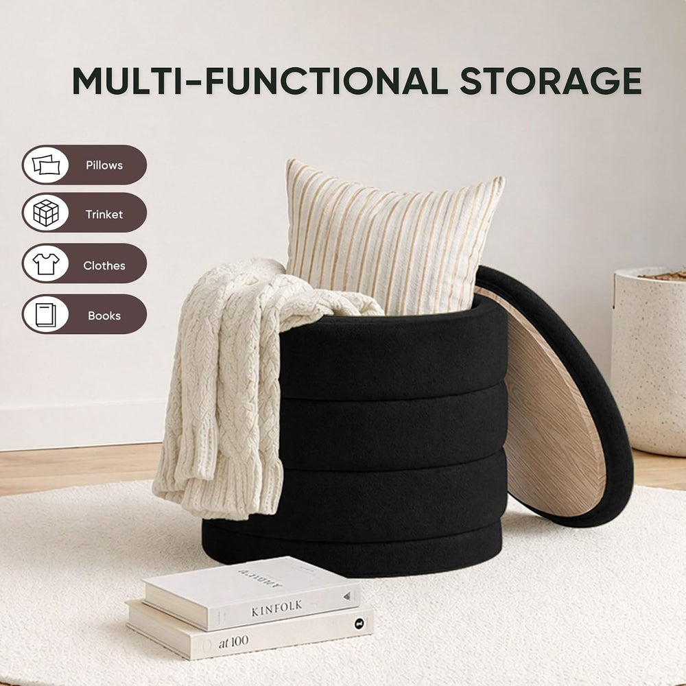 23" Round Velvet Storage Ottoman with Tray | Upholstered Folding Foot Re...