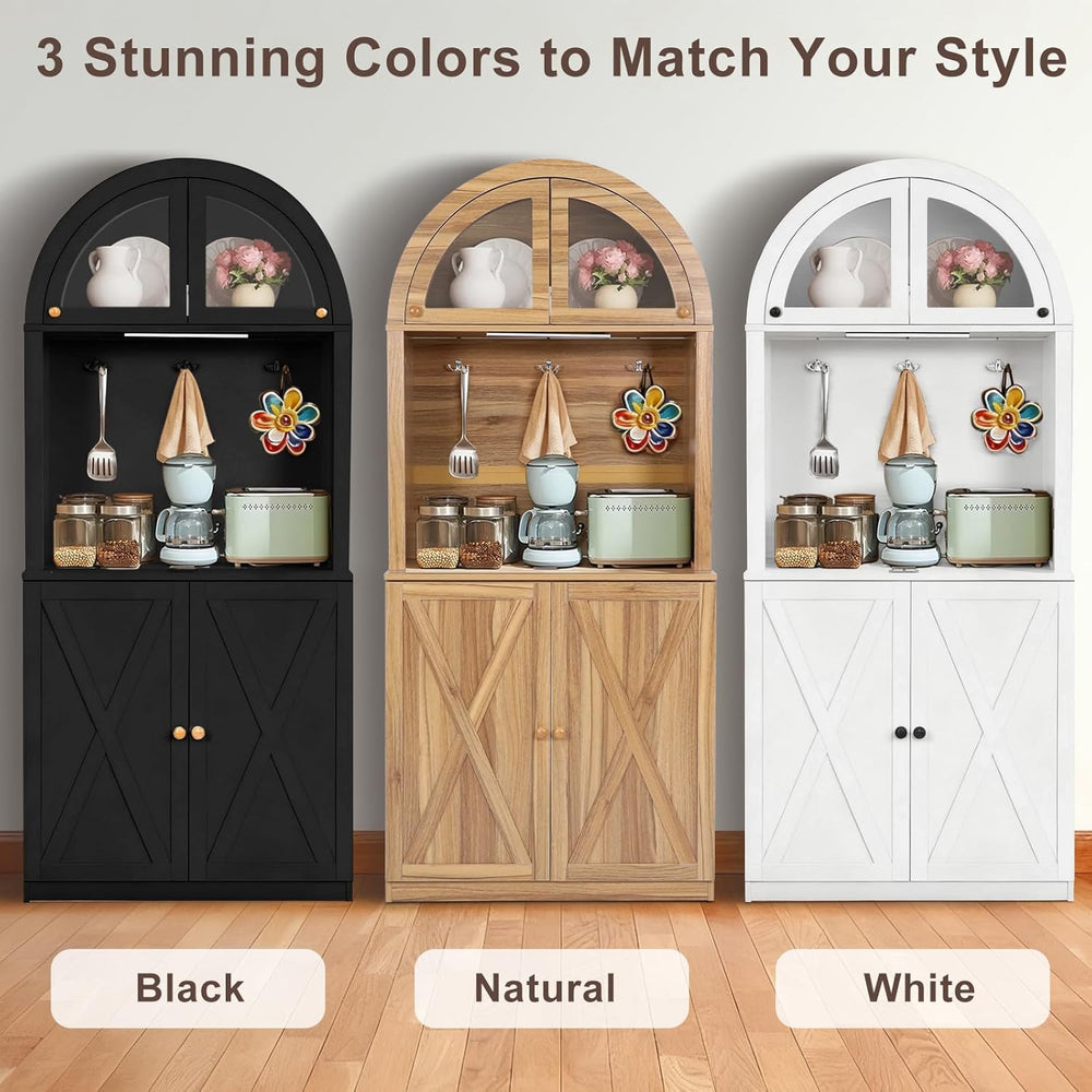 71" Tall Arched Kitchen Pantry Cabinet, Farmhouse Storage Cabinet with L...