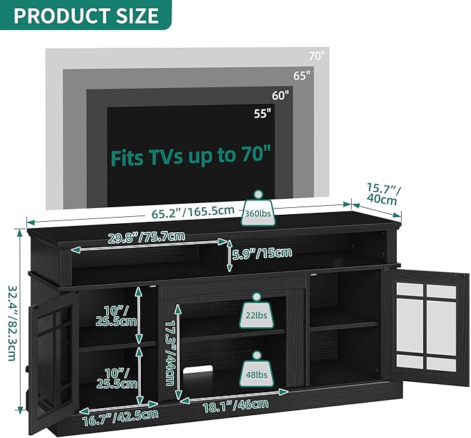YITAHOME Black TV Stand for 75 Inch TV, LED Modern Entertainment Center with Adjustable Shelves and Glass Doors, 32'' Tall Television Stands TV Media Console Table for Living Room, Black