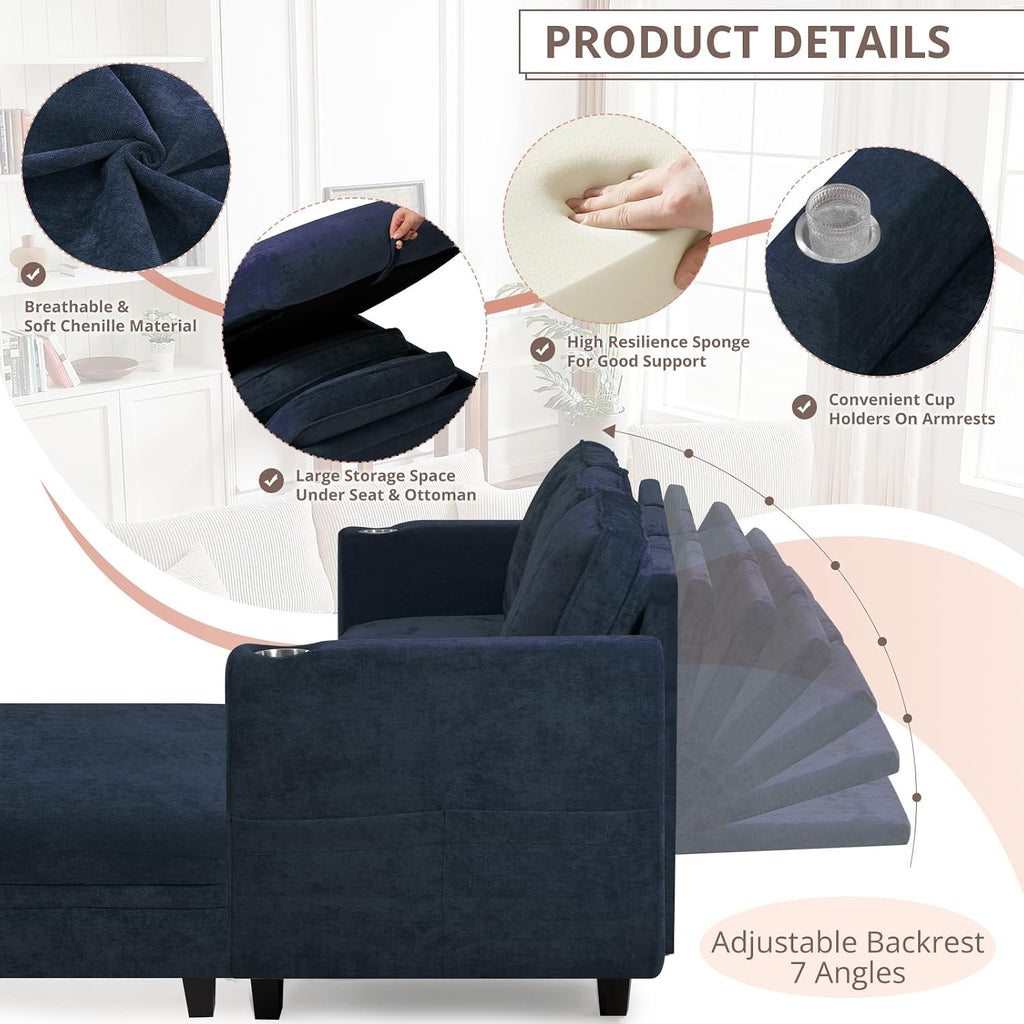 86" Chenille L-Shape Sofa w/& Adjustable Backrests, Blue | Upholstery 3-Seats Sofa w/Movable Storage Ottomans & Cup Holders, Modern Sectional Couch w/Charging Ports for Living Room