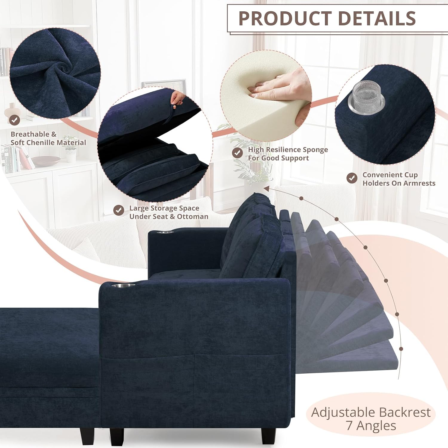 86" Chenille L-Shape Sofa w/& Adjustable Backrests, Blue | Upholstery 3-Seats Sofa w/Movable Storage Ottomans & Cup Holders, Modern Sectional Couch w/Charging Ports for Living Room