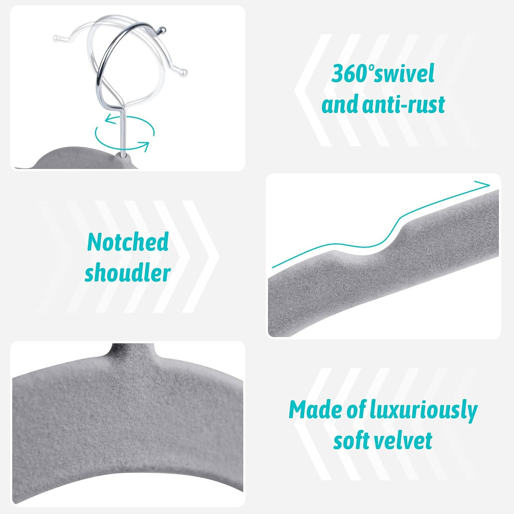 Premium Velvet Shirt Hangers 50 Pack, Space-Saving Non-Slip Felt Hanger with 360° Swivel Hook, Slim Flocked Hangers for Strappy Dresses, Blouses, Tank Tops(Grey)