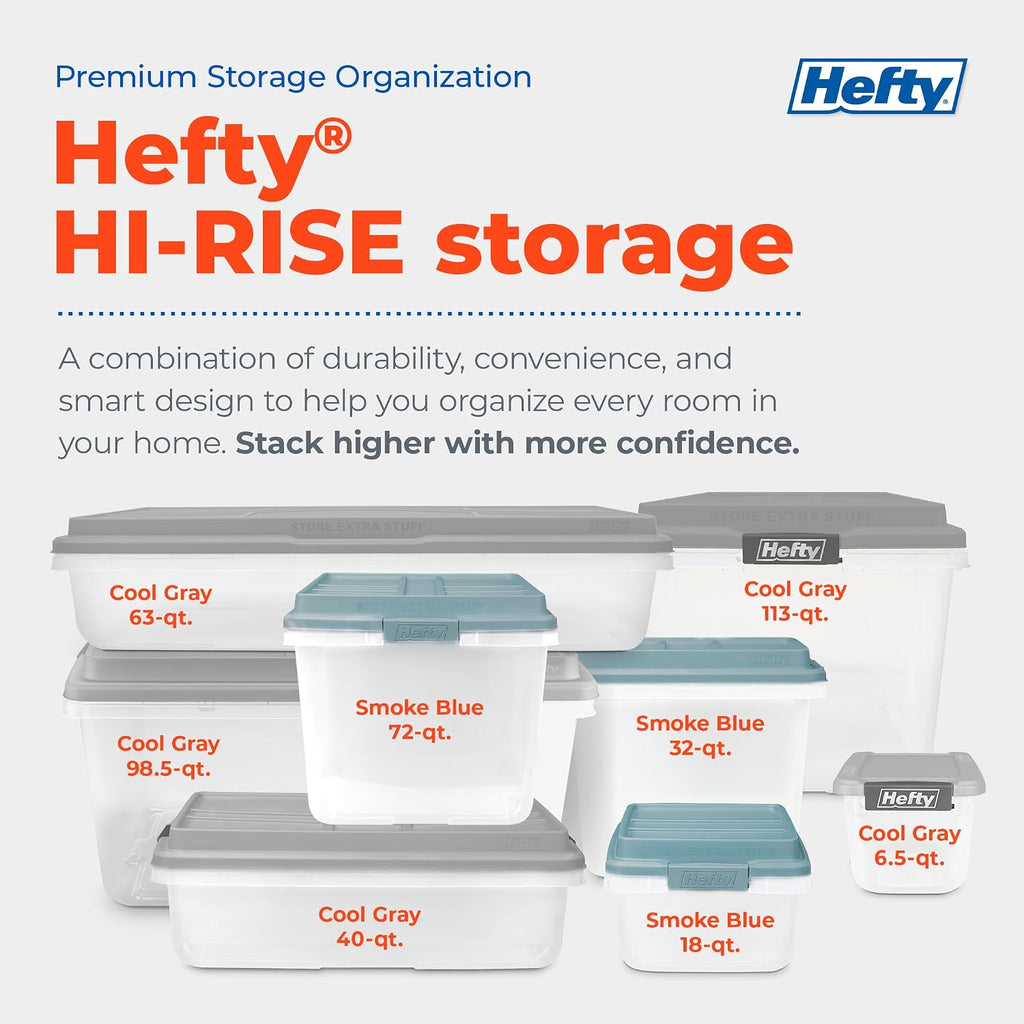 Hefty 18 Qt Hi-Rise Storage Bin with Lid, Stackable Plastic Storage Container, Organizer for Home, Garage & Closet, 8 Pack, Gray