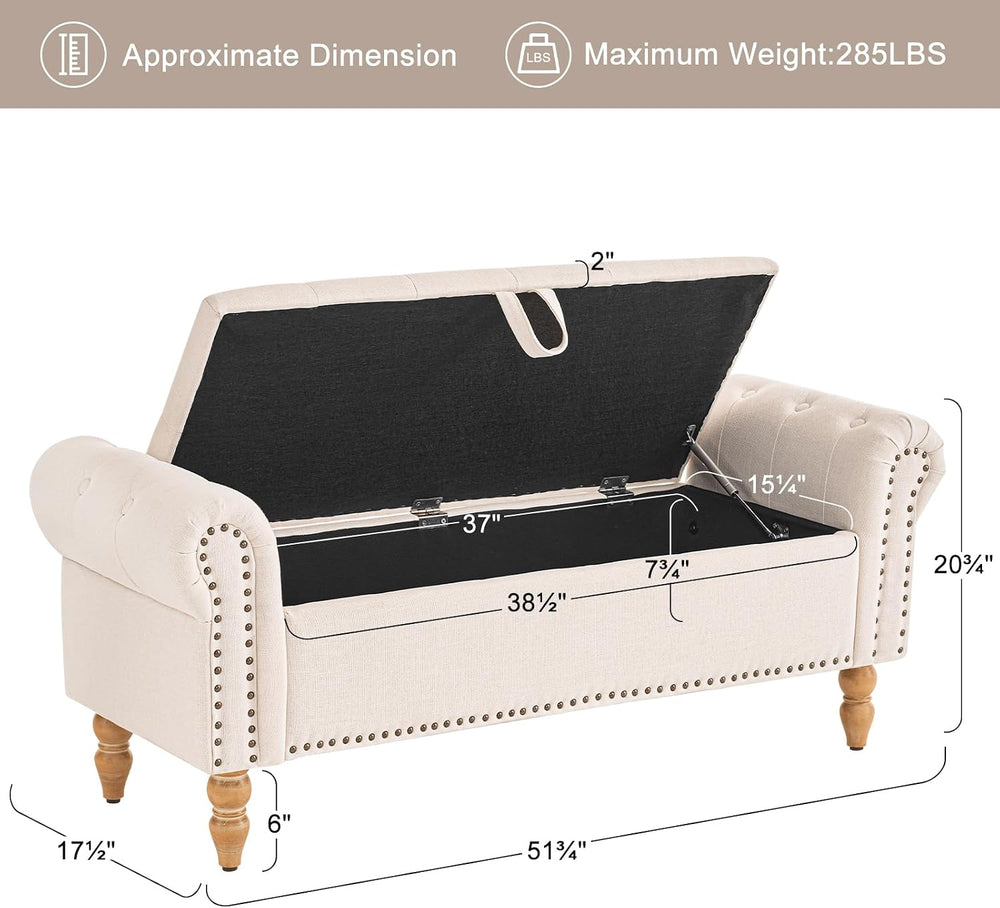 Furniliving 51” Storage Benches, End of Bed Bench with Button-Tufted Large Up...