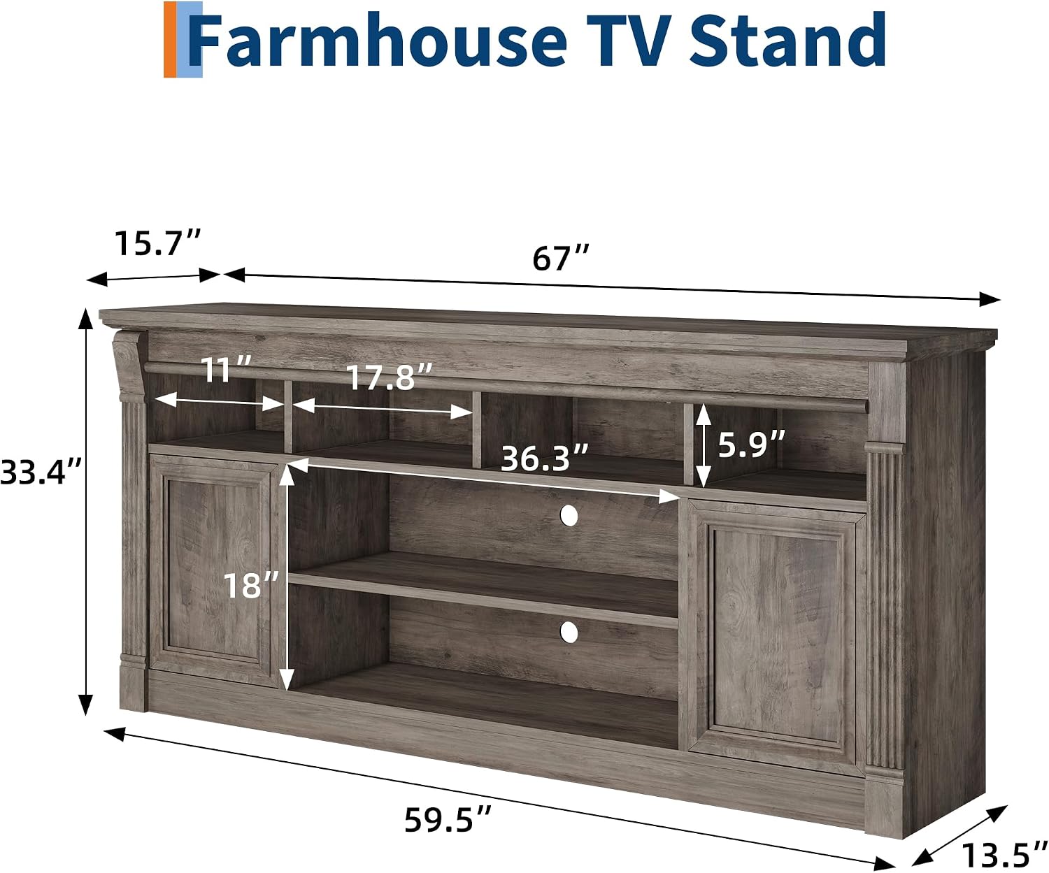 GAOMON TV Stand for TVs Up to 75 Inches, Grey | Entertainment Center, Farmhouse Media TV Console Table, Open Storage Shelves, Cabinets, for Living Room, Bedroom