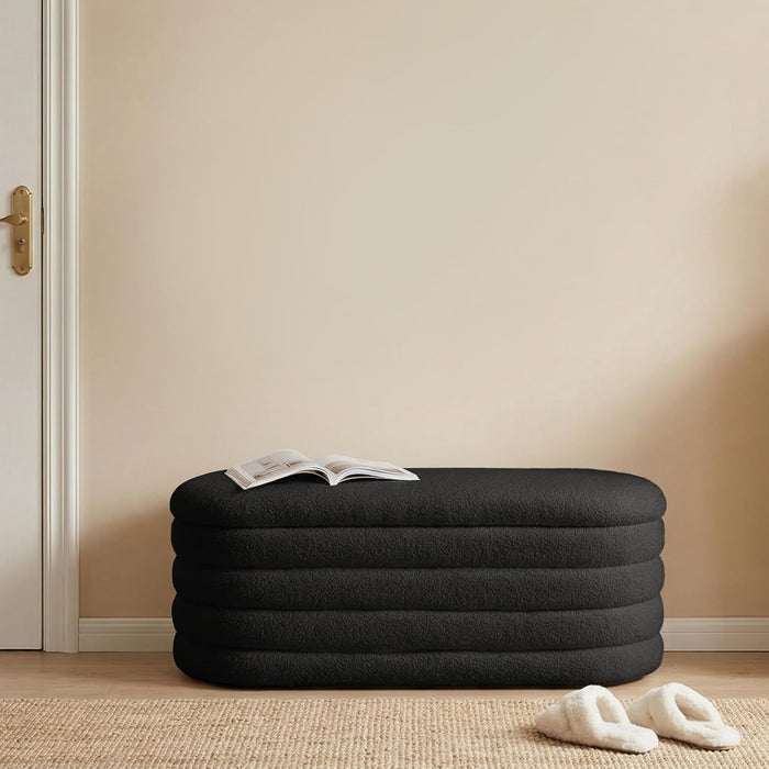 Furniliving Storage Ottoman Bench, 45'' Upholstered Boucle Ottoman with Storage, Aesthetic End of Bed Bench for Bedroom Living Room Entryway, Black