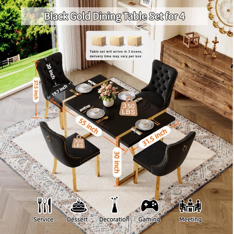Black Dining Table Set for 4, 55" Black Glossy Top with Gold Metal Legs,...