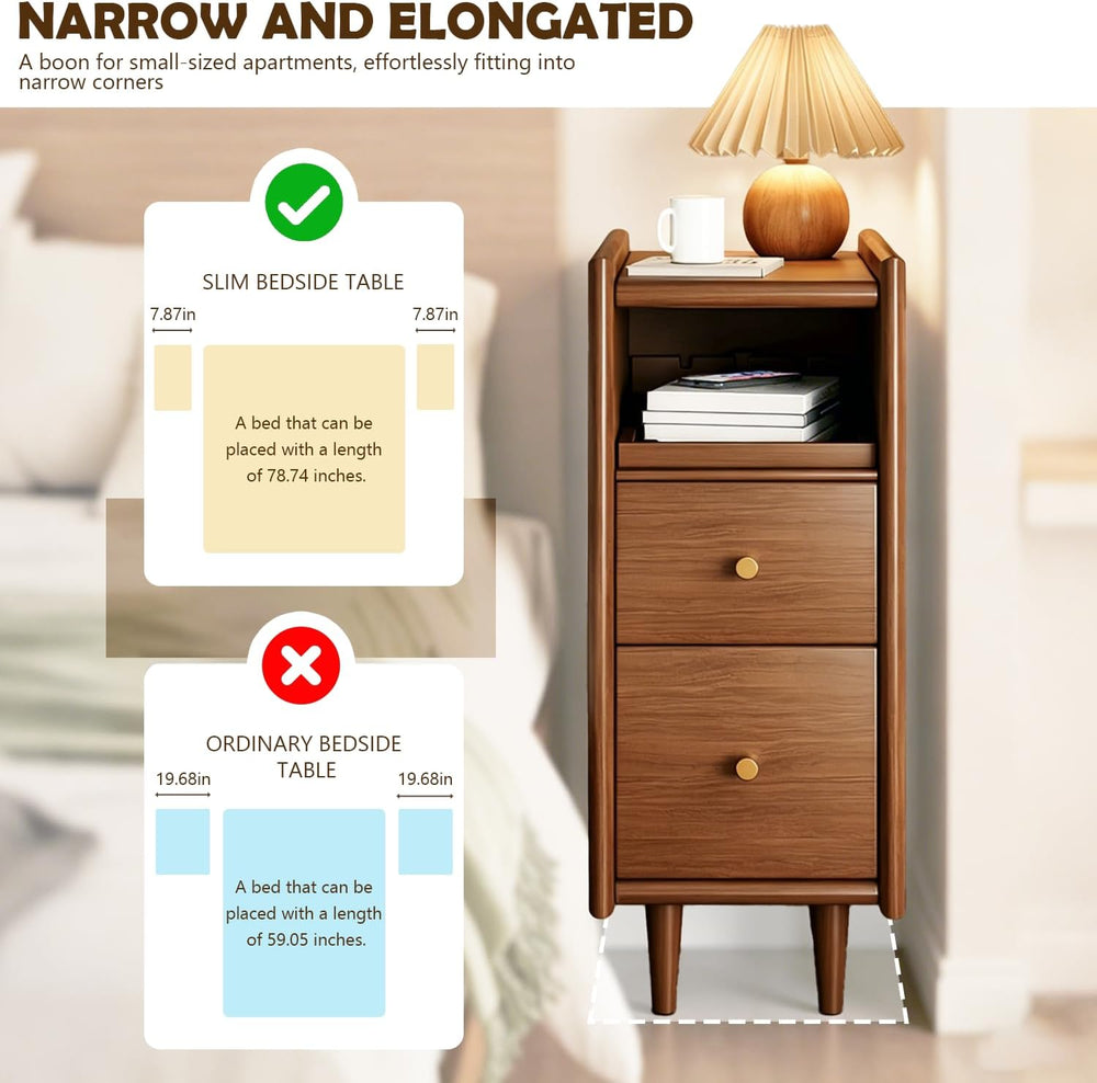 YUNMUARY-Walnut Nightstand,Narrow Side Table with 2 Drawer,Fluted Bedside Tab...