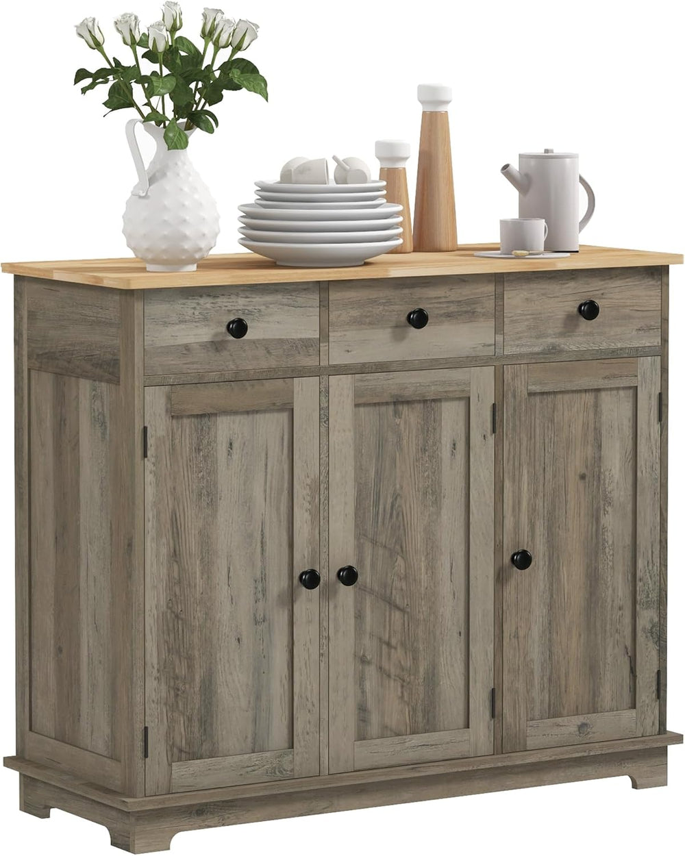 HOMCOM Sideboard Buffet Cabinet Solid Wood Countertop Distressed Gray